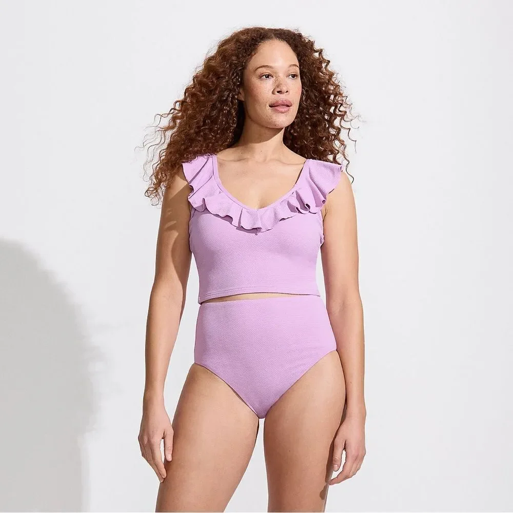 Land's End Pique textured Ruffle Midkini Tankini top Wild Lilac color size Small - Picture 3 of 10